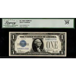 $1 1928-B blue seal. Small Silver Certificates 1602 (2)