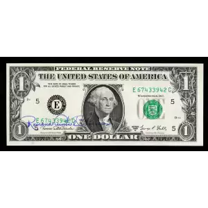 $1 1969-D. Green seal. Small Size $1 Federal Reserve Notes 1907-E