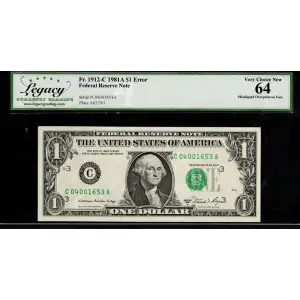 $1 1981-A. Green seal. Small Size $1 Federal Reserve Notes 1912-C