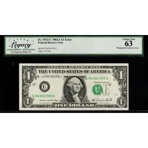 $1 1981-A. Green seal. Small Size $1 Federal Reserve Notes 1912-C