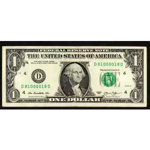 $1 2013 Green seal. Small Size $1 Federal Reserve Notes 3001-D