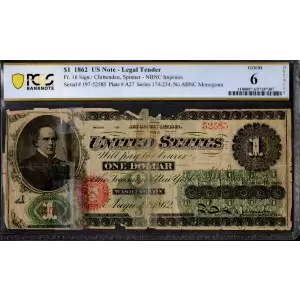 $1 Series 174-234 at left. No ABNCo monogram. No green patent date. Type 2; Red Seal Legal Tender Issues 16