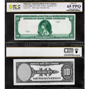 $10 1929 American Bank Note Co. Rollins- 101f SPECIMEN Malaysia Tiger PCGS 65PPQ (3)