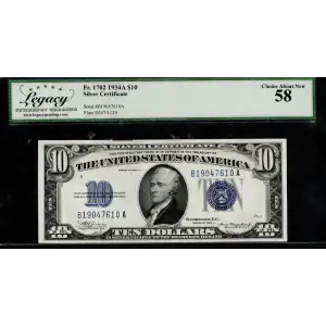 $10 1934-A blue seal. Small Silver Certificates 1702