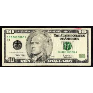 $10 2001 Treasury seal. Small Size $10 Federal Reserve Notes 2036-G