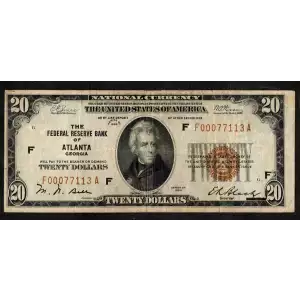$20 1929 brown seal Small Federal Reserve Bank Notes 1870-F