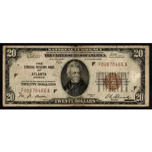 $20 1929 brown seal Small Federal Reserve Bank Notes 1870-F