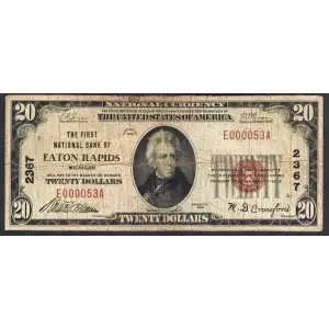 $20 1929 small brown seal. Small National Bank Notes 1802-1