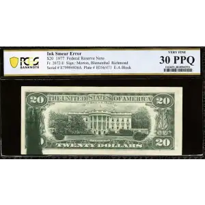 $20 1977 blue-Green seal. Small Size $20 Federal Reserve Notes 2072-E