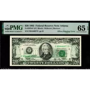 $20 1993 blue-Green seal. Small Size $20 Federal Reserve Notes 2079-F