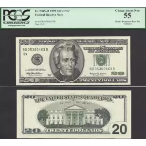 $20 1999 blue-Green seal. Small Size $20 Federal Reserve Notes 2085-D