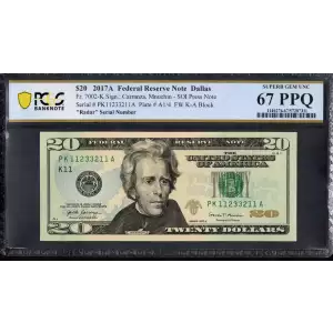 $20 2017-A FRN RADAR 375-22-573 HIGH GRADE PCGS Superb Gem 68PPQ