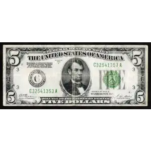 $5 1928-B. Green seal Small Size $5 Federal Reserve Notes 1952-C