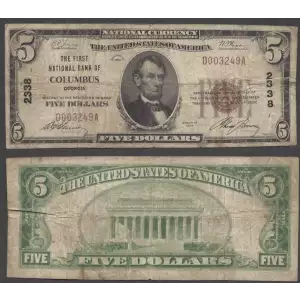 $5 1929 Small brown seal Small National Bank Notes 1800-1