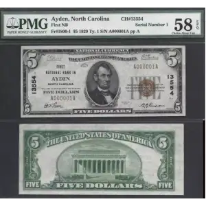 $5 1929 Small brown seal Small National Bank Notes 1800-1