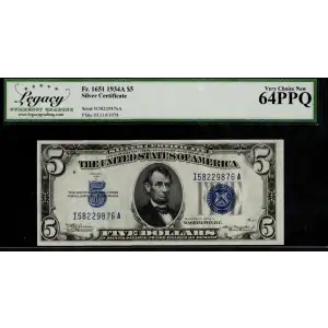 $5 1934-A blue seal. Small Silver Certificates 1651
