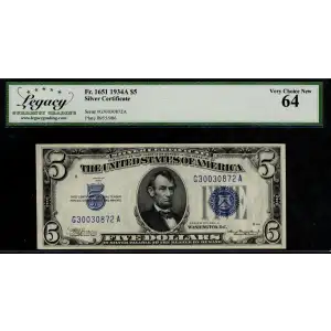 $5 1934-A blue seal. Small Silver Certificates 1651