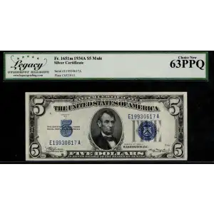 $5 1934-A blue seal. Small Silver Certificates 1651m (2)