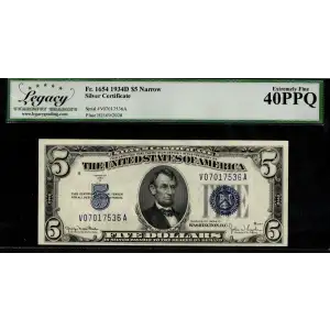 $5 1934-D blue seal. Small Silver Certificates 1654