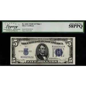 $5 1934-D blue seal. Small Silver Certificates 1654