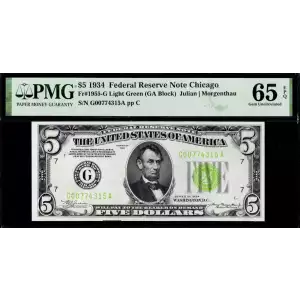$5 1934 light Green seal. Small Size $5 Federal Reserve Notes 1955-G