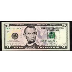 $5 2013  Small Size $5 Federal Reserve Notes 1996-C