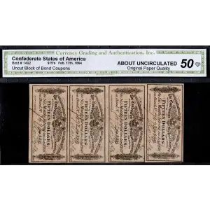 CONFEDERATE BOND COUPONS - UNCUT BLOCK OF 4 - $15 Feb. 17, 1864 CGA EF 45OPQ
