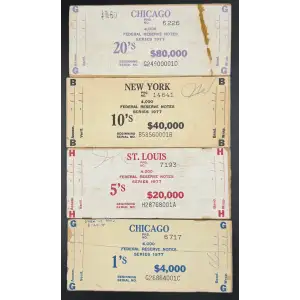 SET OF 4: $1, $5, $10, $20 1977 FRN BEP WOODEN LABEL SET Chicago, St. Louis, NY