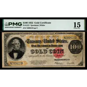 $100 1922 Small Red Gold Certificates 1215