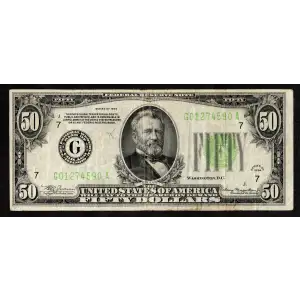 $50 1934 light Green seal. Small Size $50 Federal Reserve Notes 2102-G
