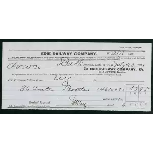 Erie Railway Co. Freight Receipt for Transportation