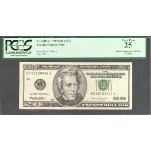 $20 1999 blue-Green seal. Small Size $20 Federal Reserve Notes 2085-D