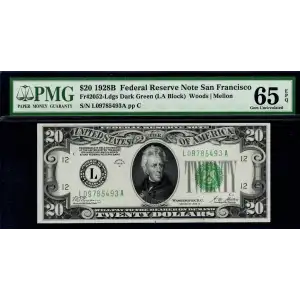 $20 1928-B. Green seal. Small Size $20 Federal Reserve Notes 2052-L
