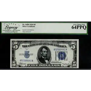 $5 1934 blue seal. Small Silver Certificates 1650