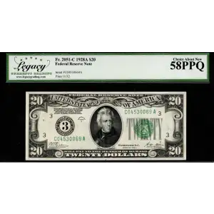 $20 1928-A. Green seal. Small Size $20 Federal Reserve Notes 2051-C
