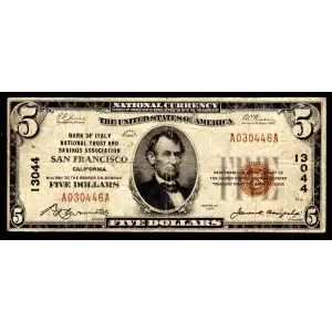 $5 1929 Small brown seal Small National Bank Notes 1800-1