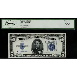 $5 1934 blue seal. Small Silver Certificates 1650