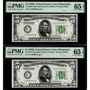 $5 1928-B. Green seal Small Size $5 Federal Reserve Notes 1952-C (2)