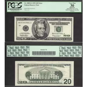 $20 1999 blue-Green seal. Small Size $20 Federal Reserve Notes 2085-D