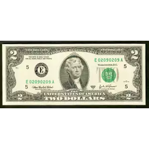$2 2003-A. Green seal Small Size $2 Federal Reserve Notes 1938-E