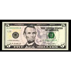 $5 2009  Small Size $5 Federal Reserve Notes 1994-L