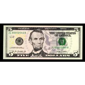 $5 2009  Small Size $5 Federal Reserve Notes 1994-L