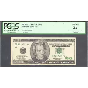 $20 1999 blue-Green seal. Small Size $20 Federal Reserve Notes 2085-D