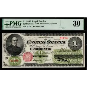 $1 Series 1-166 at top ABNCo monogram at center-right edge Green patent date at right Type 1 over left serial number; Red Seal Legal Tender Issues 17a