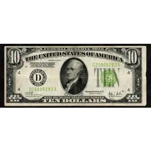 $10 1928-C. Exists with both light and dark Green seals Small Size $10 Federal Reserve Notes 2003-D