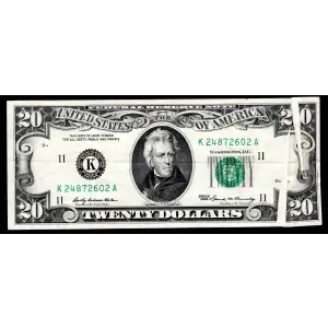 $20 1969 blue-Green seal. Small Size $20 Federal Reserve Notes 2067-K