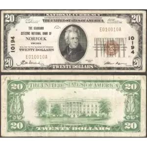 $20 1929 small brown seal. Small National Bank Notes 1802-1