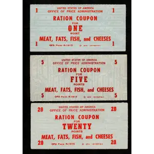 Set of 3: WWII Food Ration Coupons for Meat, Fats, Fish, Cheeses 1, 5, 20 Points