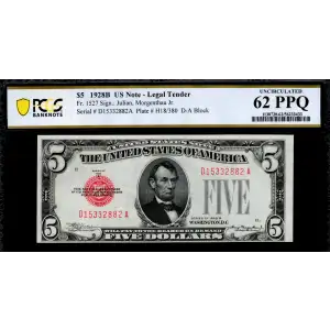 $5 1928-B red seal. Small Legal Tender Notes 1527