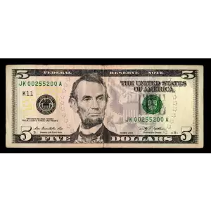 $5 2009  Small Size $5 Federal Reserve Notes 1994-K